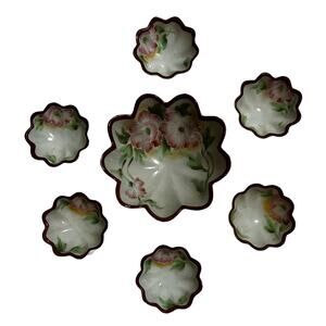 VTG Nippon Handpainted Pink Rose 7pc Nut 3 Leg Porcelain Bowl Set